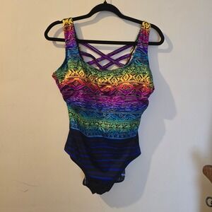 Great Lengths Swim Rainbow Geometric Tribal Crisscross Back One Piece Swimsuit